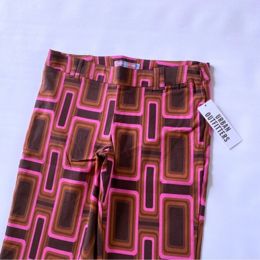 Urban Outfitters | Eva Bengaline Flare Pant Brown Geometric Mod Retro 60s New 6 - Picture 4 of 9